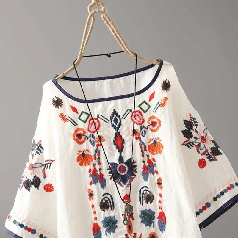 여성용 럭셔리 자수 꽃무늬 티, 중국 스타일 클래식 루즈 셔츠, 캐주얼 빈티지 O넥 반팔 블라우스 탑, 여름