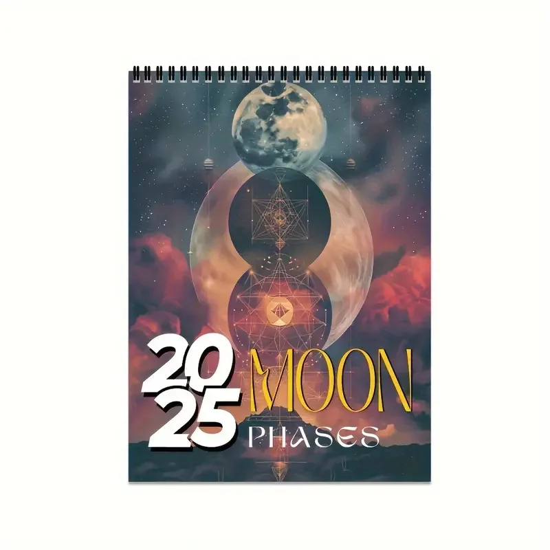 Spiral Wall Calendar-Laminated, 12 Months, Moon Phases, Yearly View, English Language, Eclectic Design with Lunar Cycles