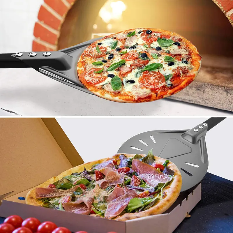 Description Picture 4 of itemRound 7/9/12 Inch Pizza Turning Peel Pizza Peel Turner Spinner Long Handle Perforated Aluminum Pizza Peel Pizza Oven Accessories