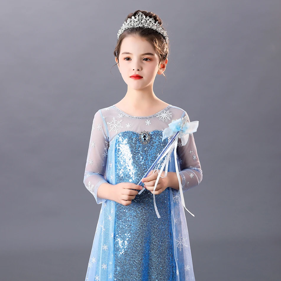 Girls Elsa Dress Fancy Snow Queen Cosplay Princess Costume With Cloak Apparel Role Play Clothes Halloween Carnival