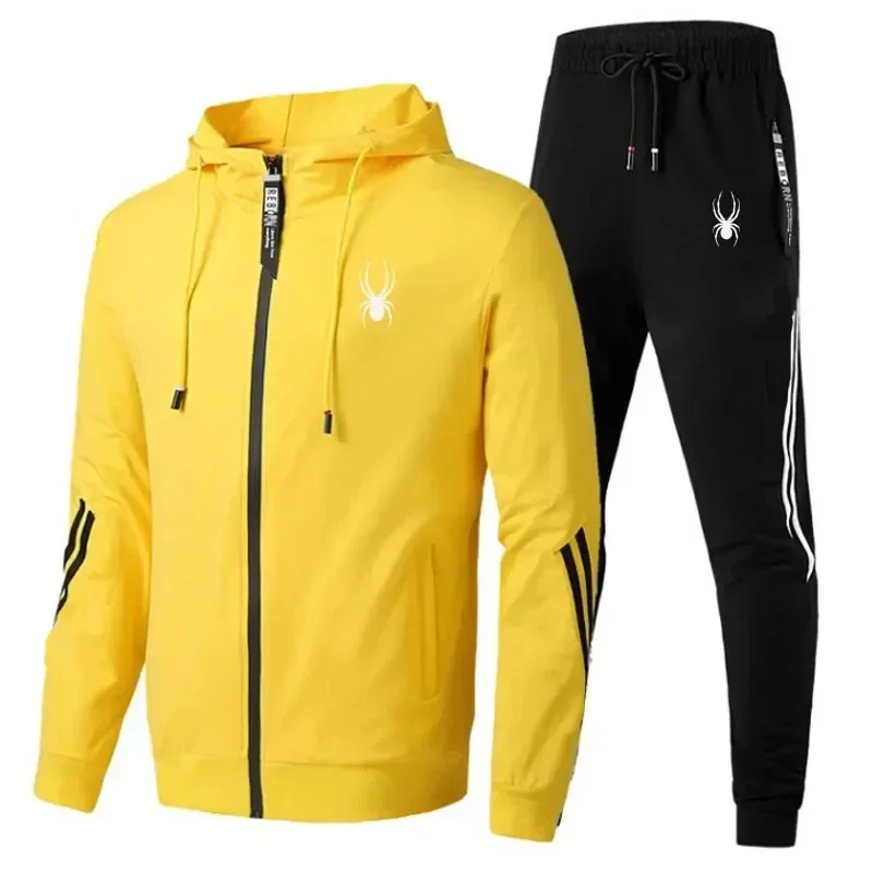 Man wearing casual zipper jacket and jogger pants set in an outdoor fitness or streetwear setting yellow