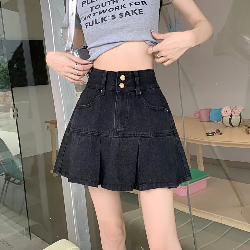 High Waist A-Line  Skirt Women's Denim ort Skirts Summer New plus Size Slimming Bla Pleated Skirts Korean Sle