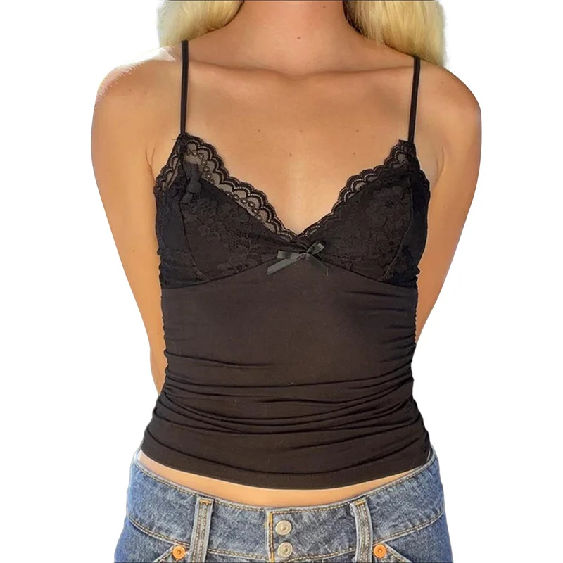y2k Lace Trim Crop Top Women Sexy V Neck Spaghetti Strap Sleeveless Camisole with Bow 2000s Coquette Clothes Streetwear 17 y2k Lace Trim Crop Top Women Sexy V Neck Spaghetti Strap Sleeveless Camisole with Bow 2000s Coquette Clothes Streetwear
