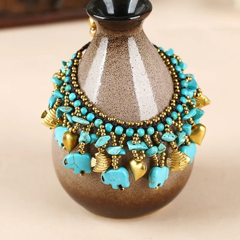 Bohemian Ethnic Style Retro Turquoise Elephant Women Bracelet Wax Rope Hand-woven Jewelry