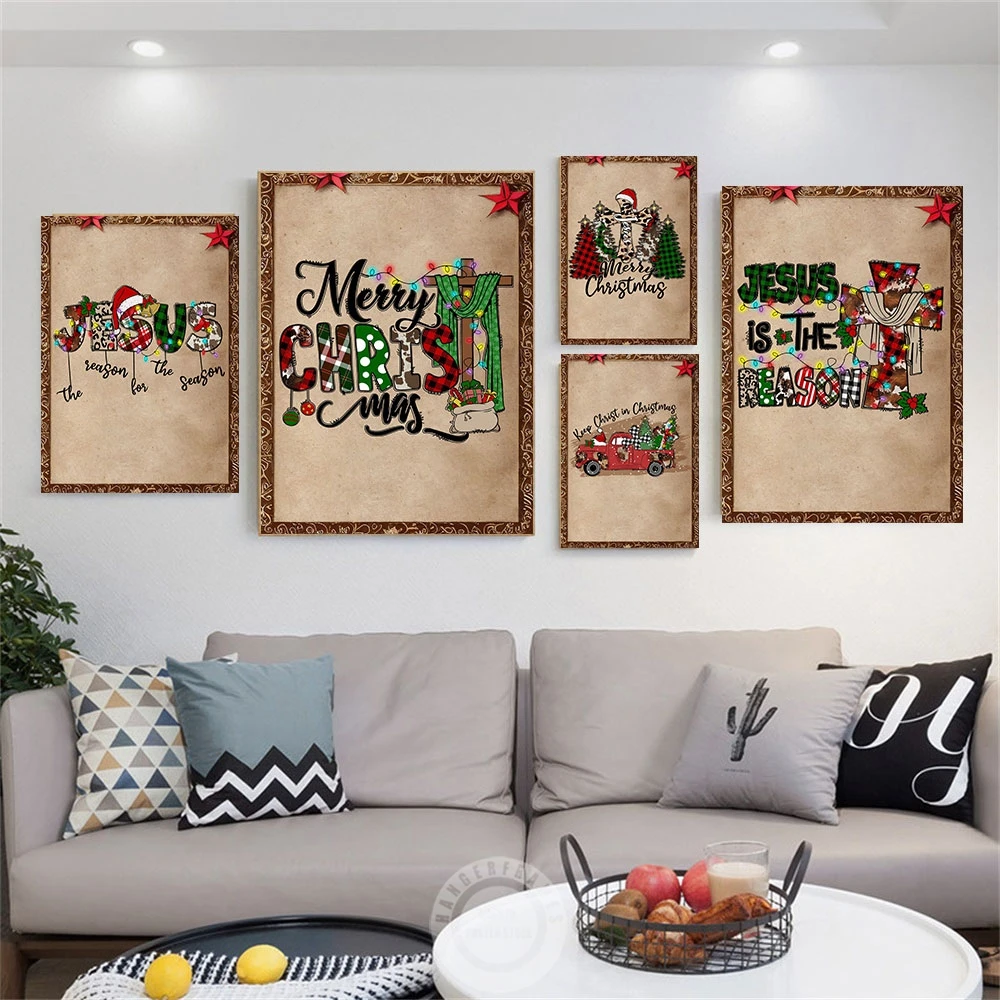 

Merry Christmas Jesus Posters Keep Christ Prints Canvas Painting Vintage Cartoon Wall Art Picture Room Home Christmas Decor Gift