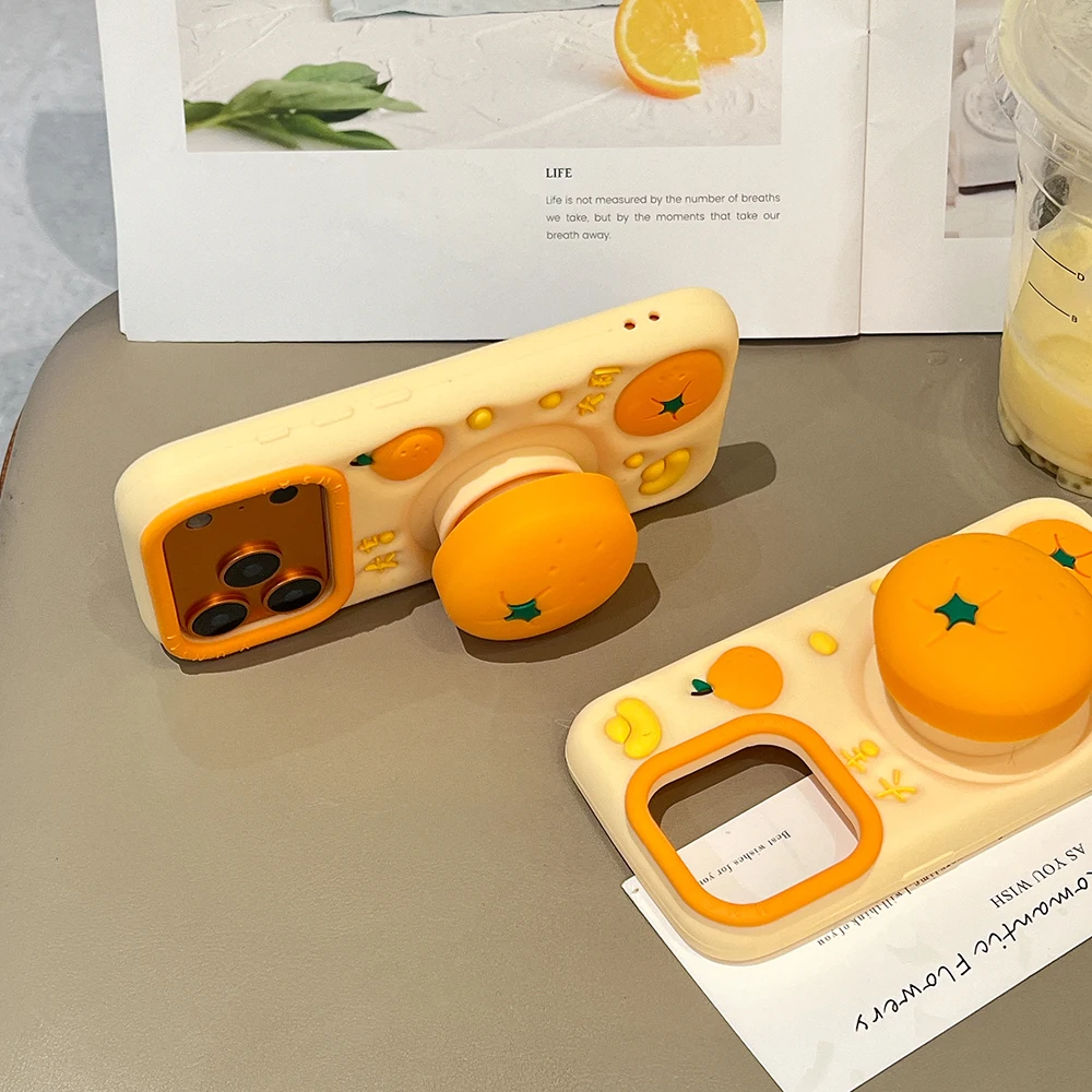 Funny 3D Orange Fruit Soft Silicone Telescopic Stand Case Cover
