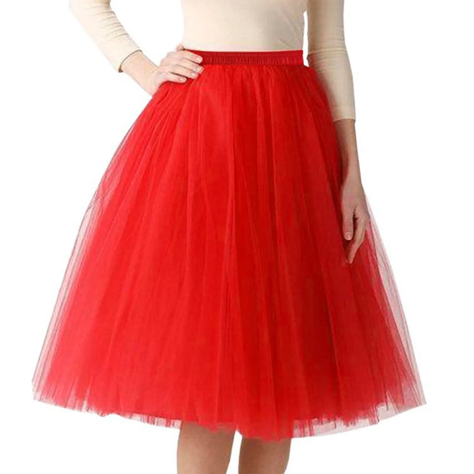 

Женская сетчатая юбка, однотонное Плиссированное бальное платье, трапециевидная эластичная юбка с завышенной талией, летняя танцевальная одежда, Мини-Юбка До Колена
