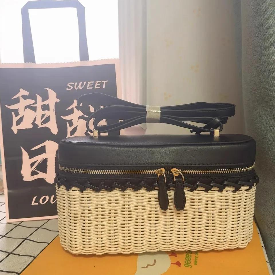 Women Casual Straw Box Bag Large Capacity PU Leather Trendy Crossbody Bag Versatile Handbag Travel Shopping Commute Bag