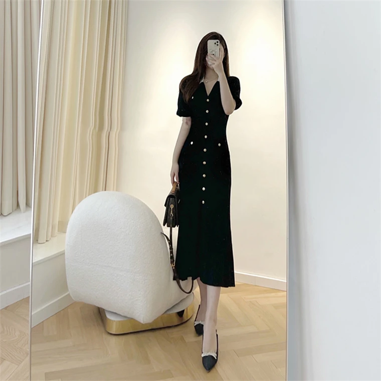 Autumn Elegant Knitted Dresses for Women Patchwork V-neck Puff Sleeve Single Breasted Midi Dress Fashion Ladies Vestidos Femme