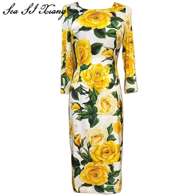 

Seasixiang Fashion Designer Spring Silk Pencil Dress Women O-Neck Long Sleeve Yellow Rose Flower Print Elegant Party Dresses