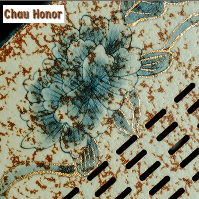 Blue And White Flint Red Rectangular Tea Tray Gold Draw Peony Flower Pot Bearing Support Tea Table Water Storage Dry Tea Table