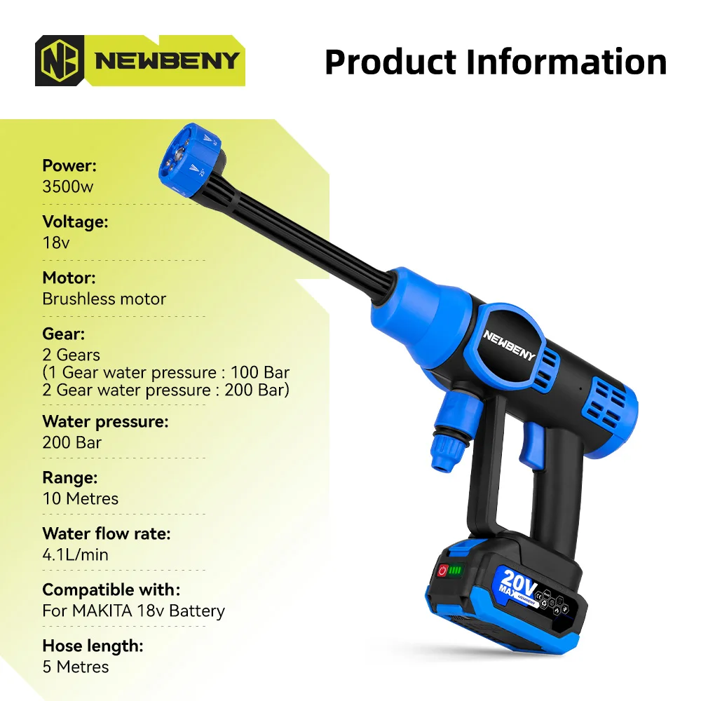 NEWBENY 200Bar 6 IN 1 Brushless Electric Car Washer Cordless Efficient Car Garden Washing Power Tools For Makita 18V-21V Battery 2