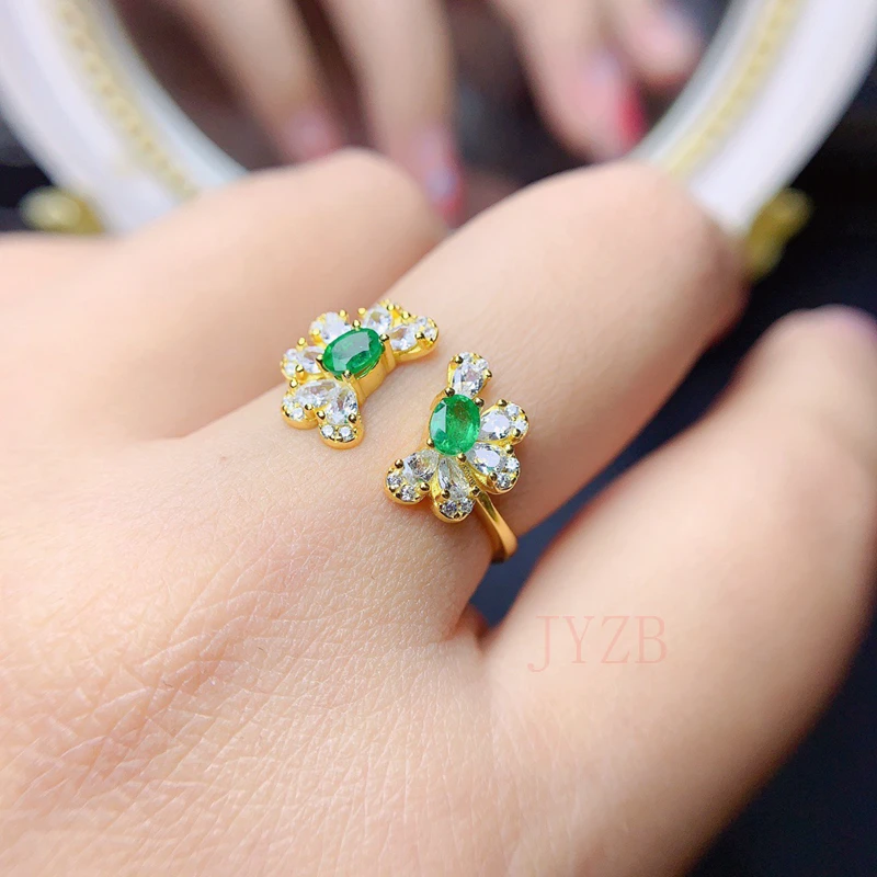 

Natural emerald ring female s925 silver delicate simple fresh living Japan and South Korea light luxury