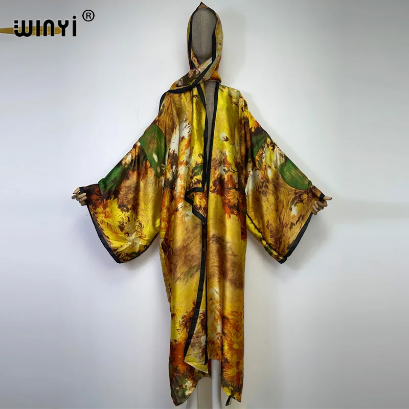 

2022 WINYI Ближний Восток WINYI Новое мусульманское пальто с принтом в стиле бохо самостоятельное кимоно с поясом кафтан пляжная туника женские платья с запахом