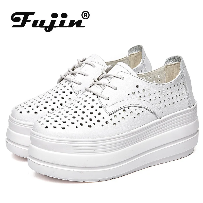 

Fujin 7.5cm Genuine Leather Women Shoes Summer Platform Flats Shoes Summer Women Hollow Super High Heel Loafers Zapatos De Mujer