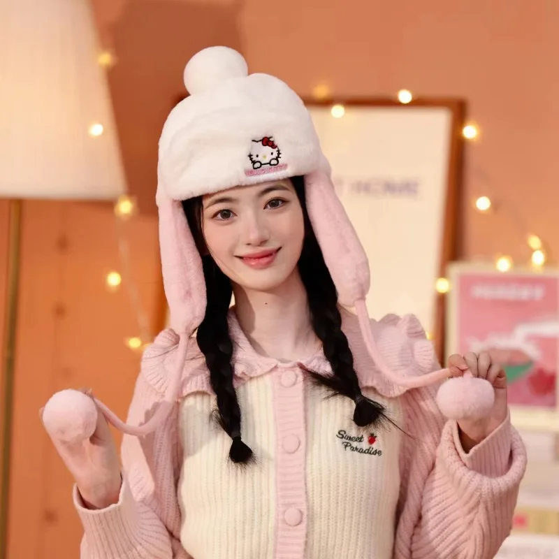 

2023 Sanrio Stuff Hello Kitty Melody Plush Hat Cap Women's Hat Ear Protection Winter Anime Cute Items Kawaii Things Girls Gift