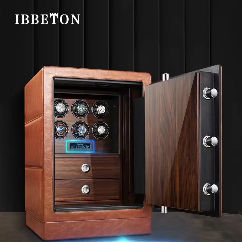 IBBTON 새로운 디자인 6/9 슬롯 시계 와인더 금고 디지털 전자 코드 안전 금고 가죽 포장 금고