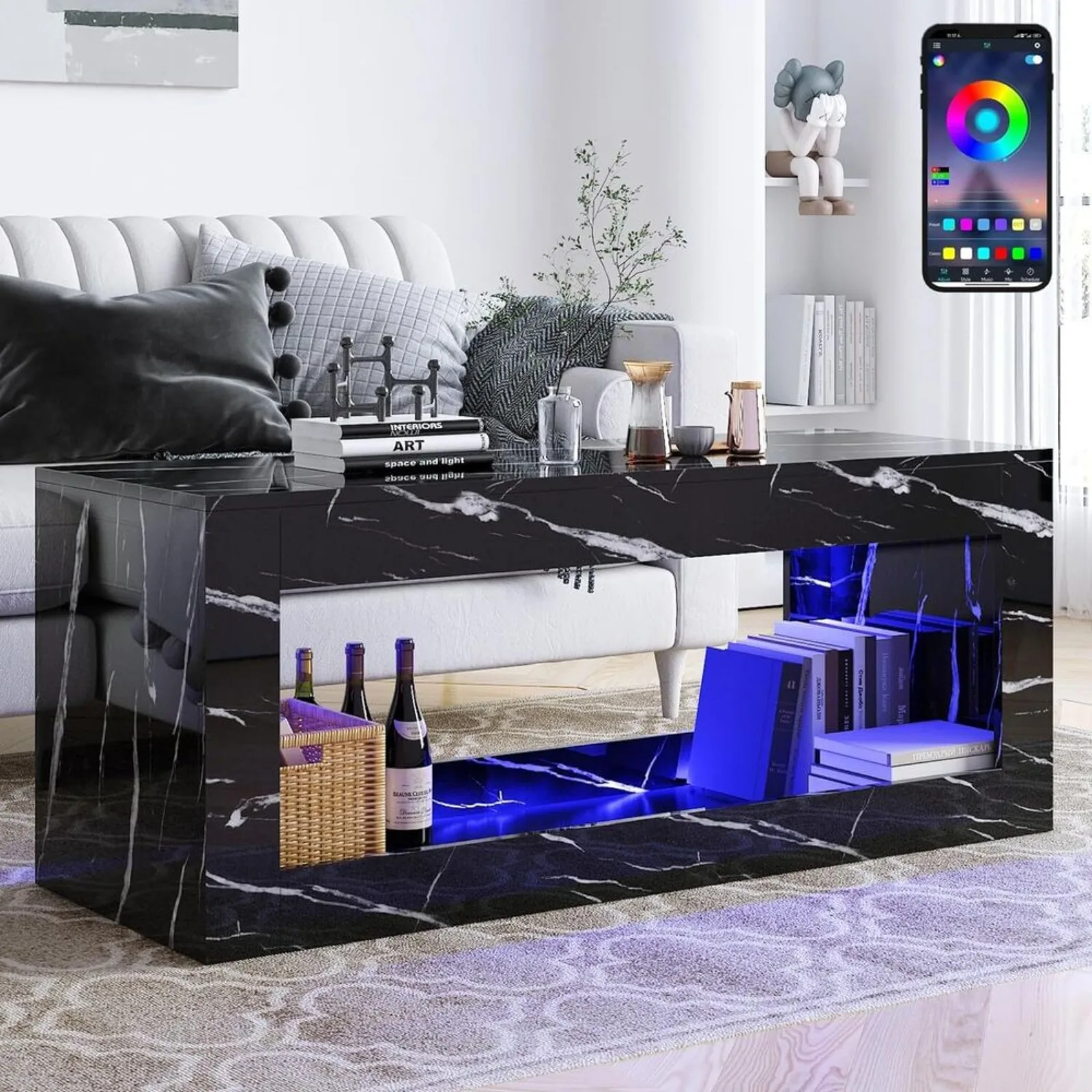 

47.3IN Modern High Gloss LED Coffee Table, with APP Control,with Marbling Print