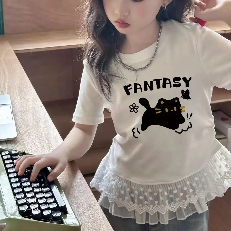 아동 의류 소녀 여름 캐주얼 레이스 티셔츠 2025 반팔 레이스 접합 새로운 흰색 탑 3-12 아동복