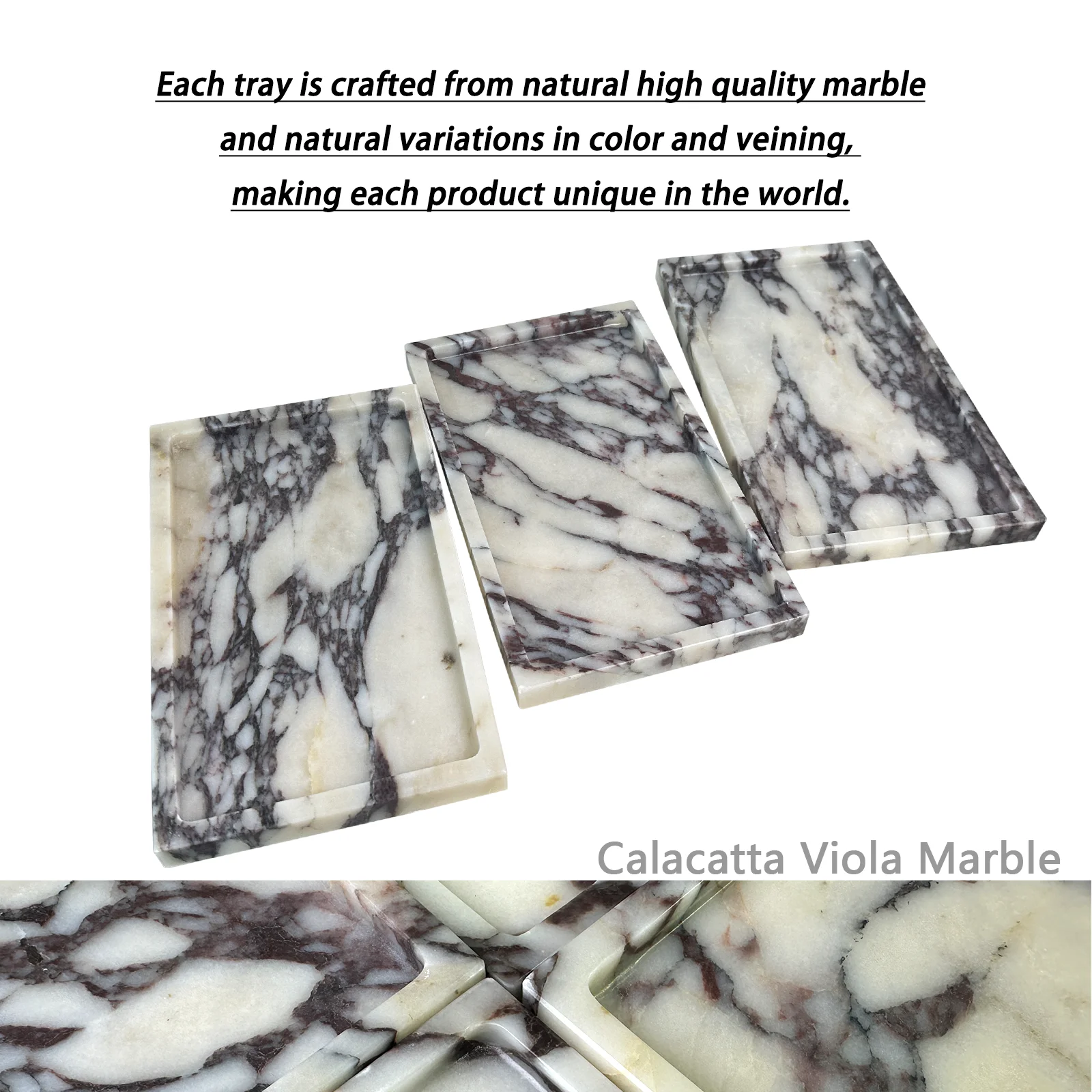 Natural Marble Vanity Tray 10"x6", Genuine Calacatta Viola Marble Stone Tray for Bathroom/Kitchen/Dresser 5