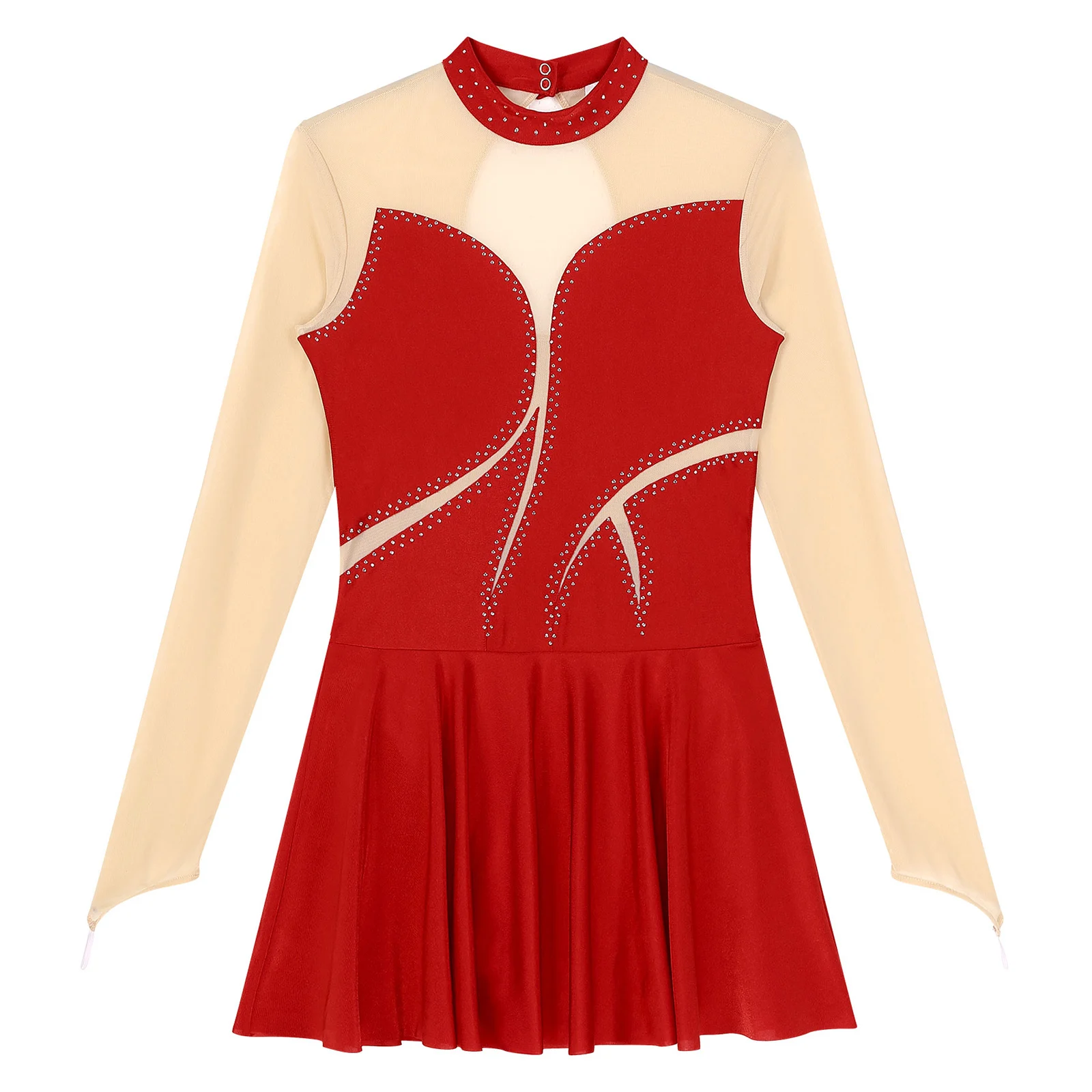 Women Gymnastic Figure Ice Skating Dress Shiny Rhinestones Long Sleeves Roller Skating Leotard Ballet Lyrical Dance Costume