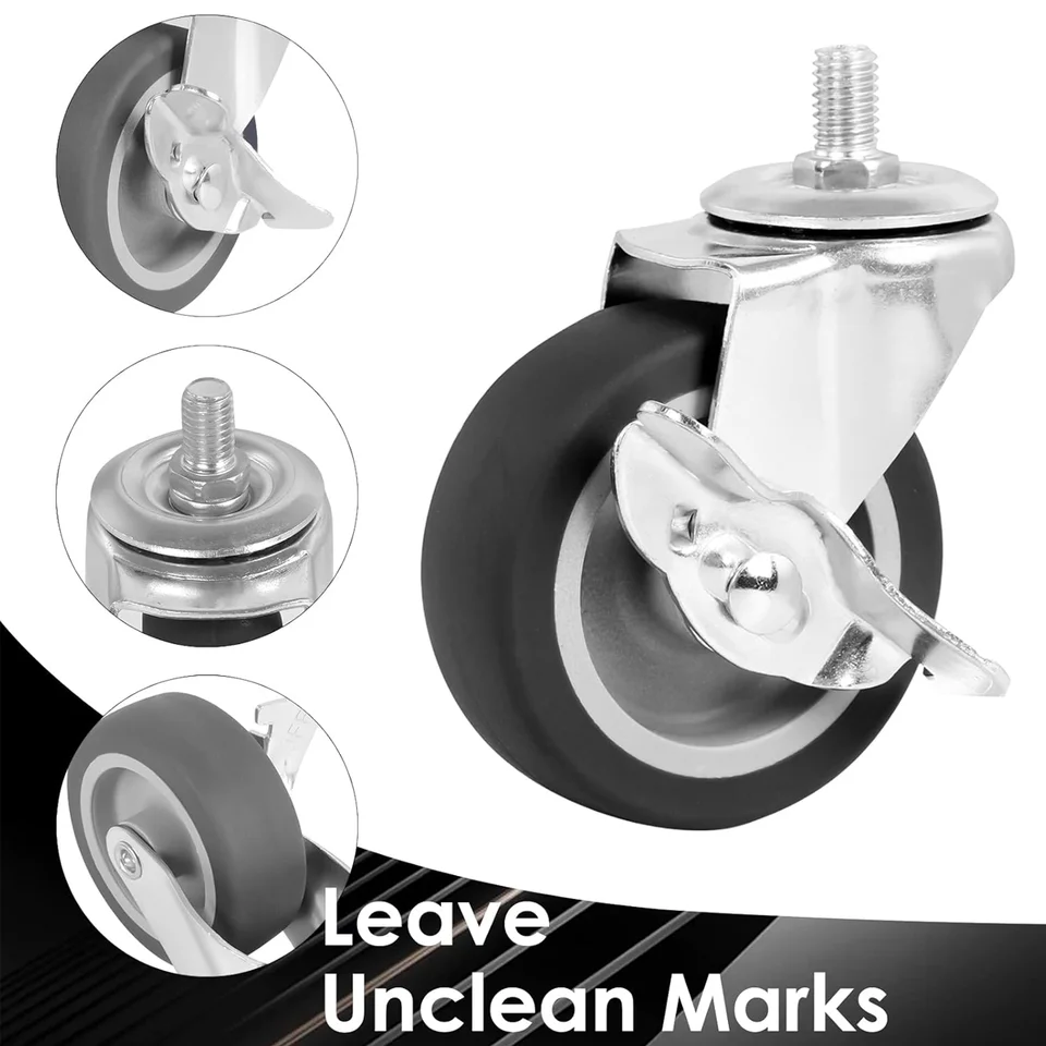 thumbnail image 2 of 4 Pack Locking Threaded Stem Caster Wheels - 3 Inch PU Wheels With Brakes For Furniture 2 of 13