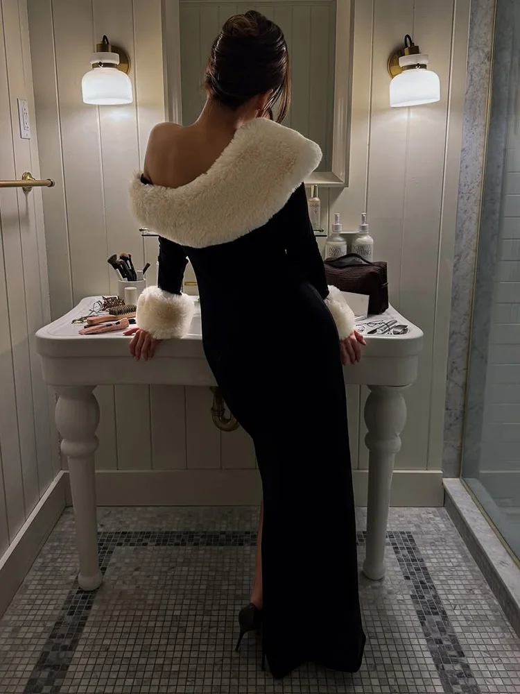 Vestido de manga larga con abertura y empalme de felpa para mujer, sexy, con cuello oblicuo, elegante, para fiesta de invierno.