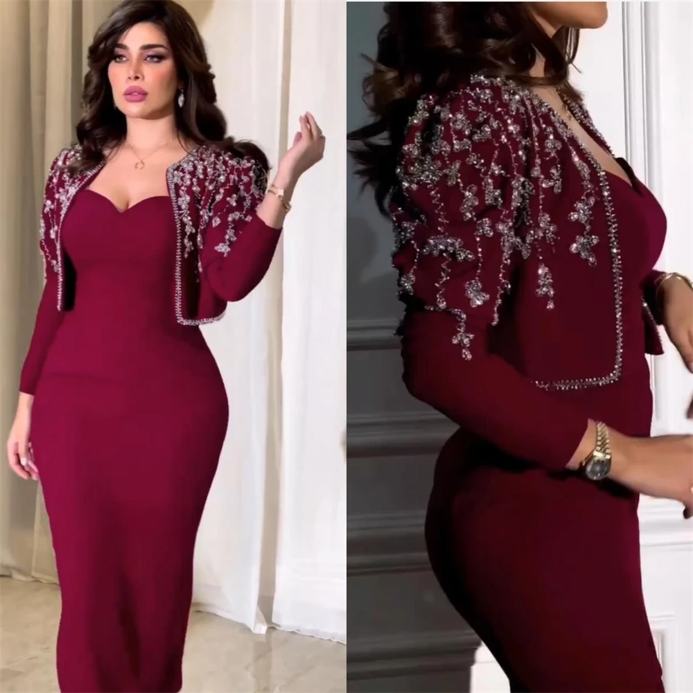 Saudi Arabia  Evening Jersey Beading Pleat Valentine's Day Sheath Sweetheart Bespoke Occasion Gown Midi Dresses