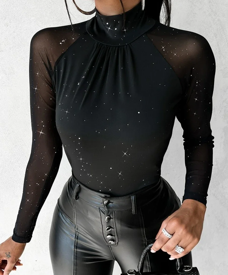 

Women Tops Fashion Long Sleeved Pullover Half High Neck Panel Lace Print Commuter Shirt for Female Streetwear 2023 Autumn New