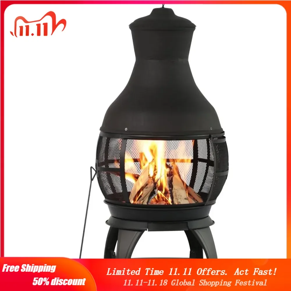 Wood Burning Fire Pits Chimenea Outdoor Fireplace Wooden Firepit, Brown-Black