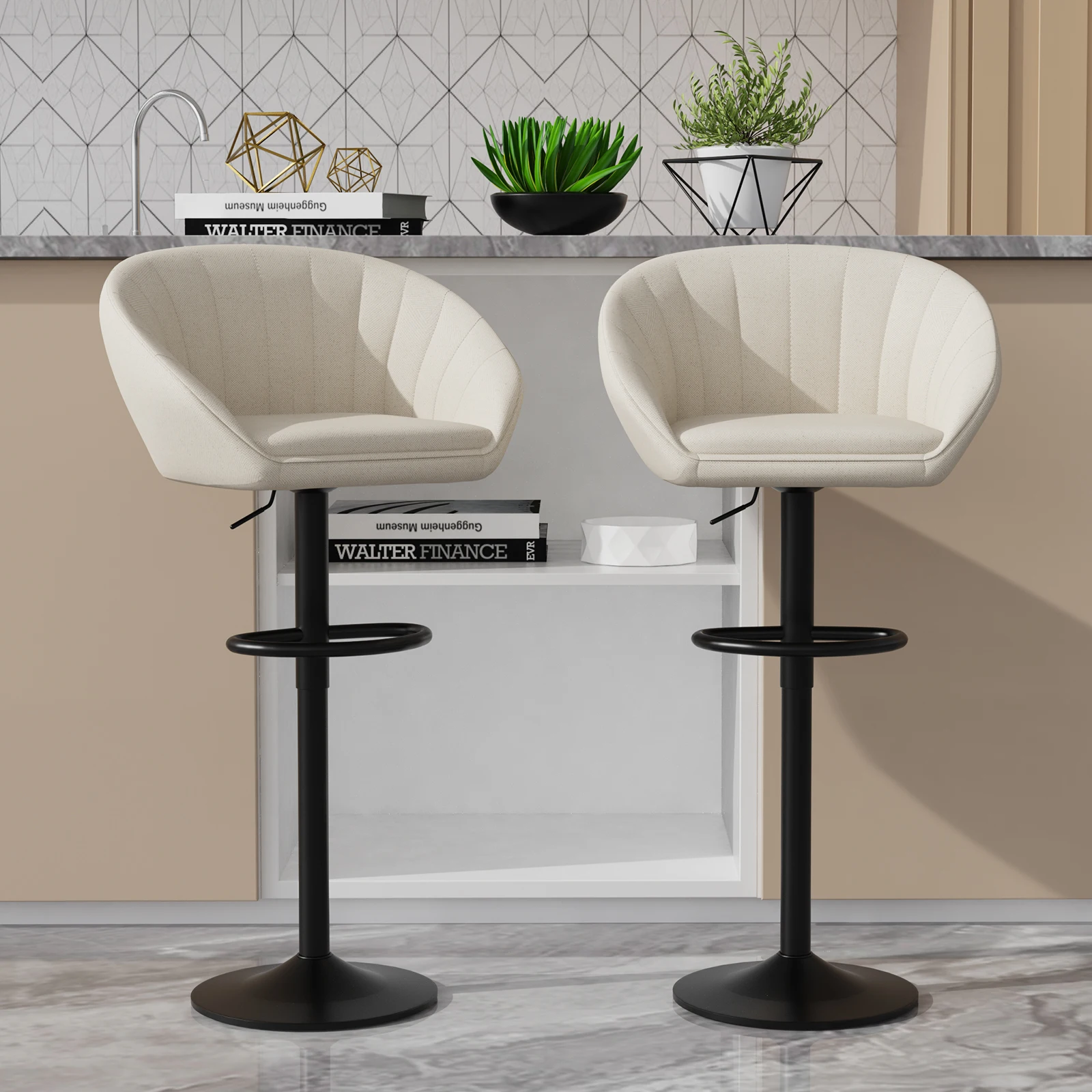 Two-Piece Fabric Bar Stool, Kitchen Stool with Backrest, High Kitchen Stool with Footrest, Adjustable and 360° Swivel, Bar Stool