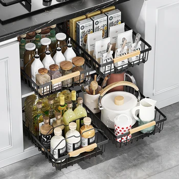 Pull Out Cabinet Organizer Under Sink Storage Basket Slide Out Pantry Shelves Sliding Wire Drawer Kitchen Spice Storage Racks