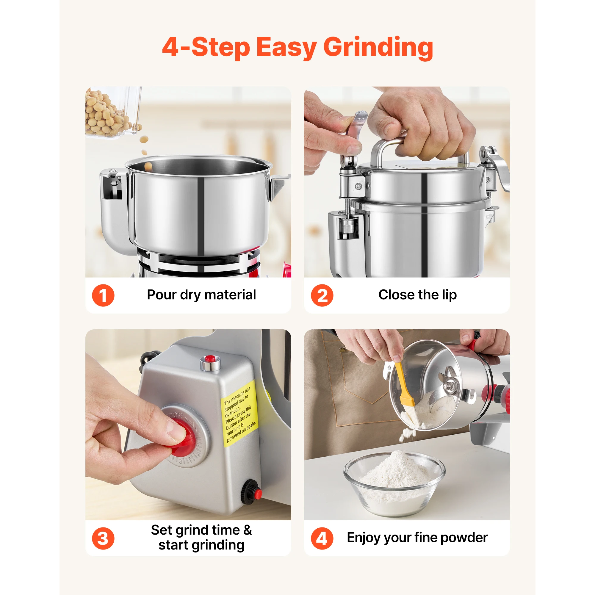 SucceBuy Electric Grain Mill Grinder 28000/32000RPM High Speed Stainless for Dried Grains Coffee Beans Spices 270° Swing Type 6