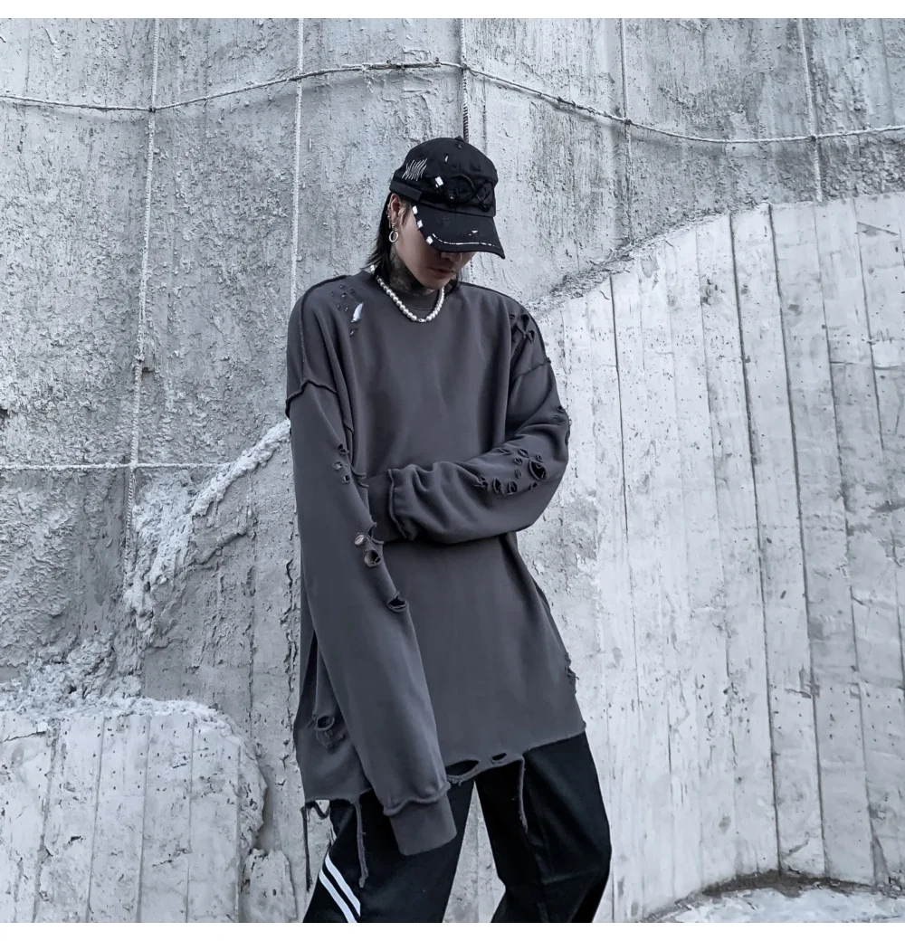 Camisolas rasgadas de manga comprida para homens e mulheres, pulôveres de ombro, streetwear com buracos rasgados, roupas grunge, sloth tops, primavera