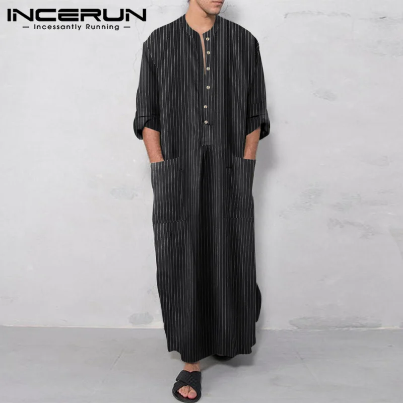 

INCERUN 2023 Muslim Style Men's Robe Stylish Pinstripe Stripe Loose Kaftan Hot Selling Comfortable Long Sleeve Jubba Thobe S-5XL