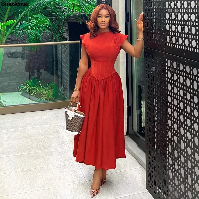 

Women Elegant Cocktail Evening Party Maxi Dress Cap Sleeve O Neck High Waisted Fishbone Corset A Line Swing Summer Dress