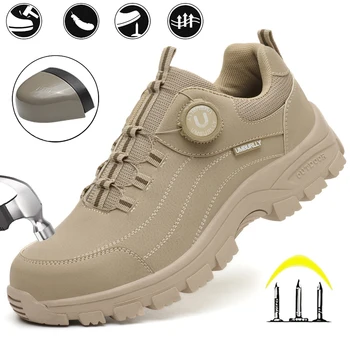 Scarpe antinfortunistiche da uomo con design a bottoni, punta in acciaio, suola antisfondamento e antiscivolo per abbigliamento da lavoro da officina all'aperto