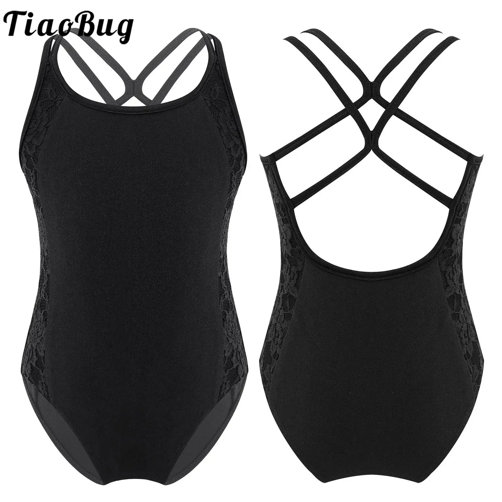 

Kids Girls Sleeveless Round Neckline Lace Patchwork Solid Color Straps Hollow Back Dance Leotards bodysuit dancewear