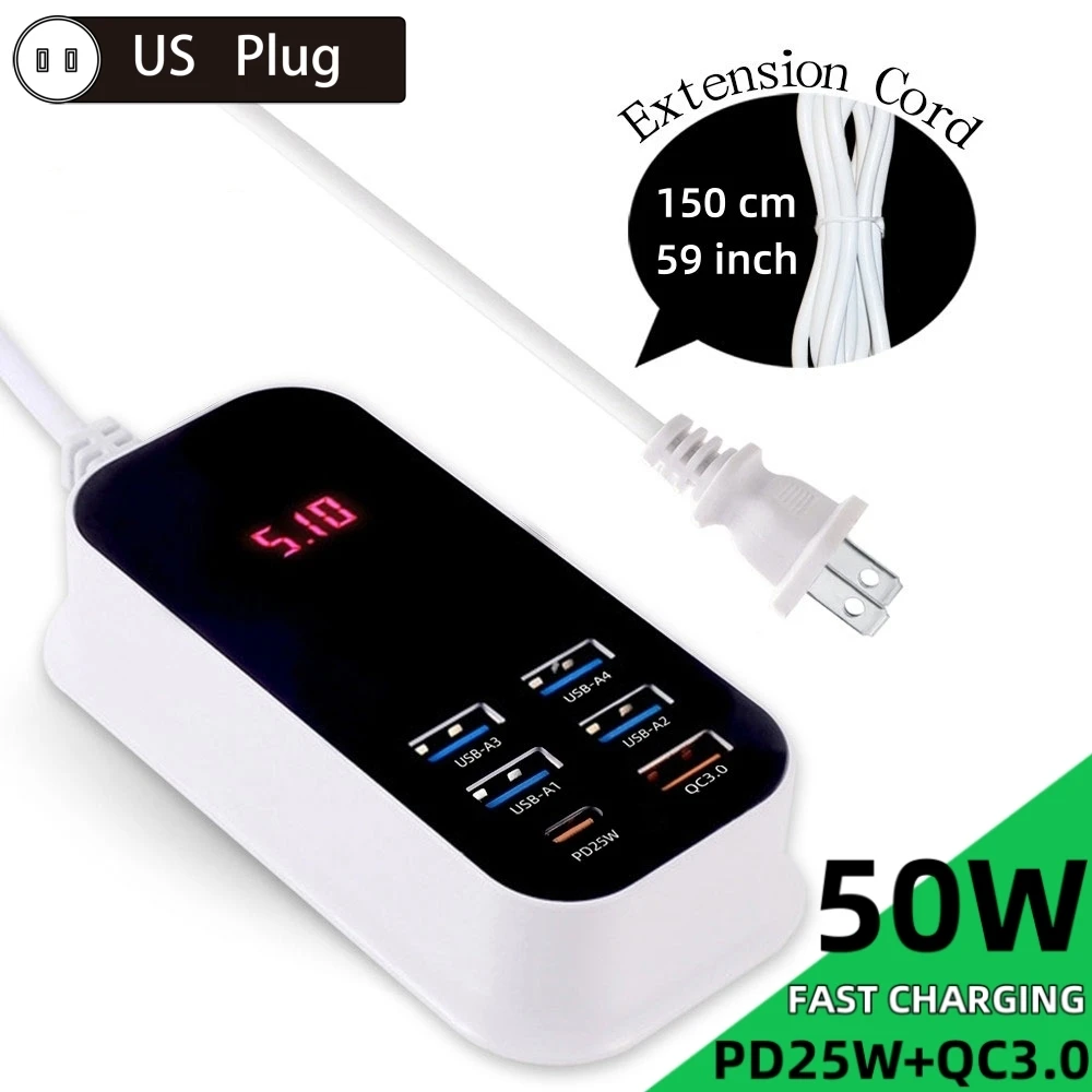 ตัวเลือกสินค้า อะแดปเตอร์ชาร์จเร็ว 6 พอร์ต USB-C PD 50W พร้อมไฟ LED