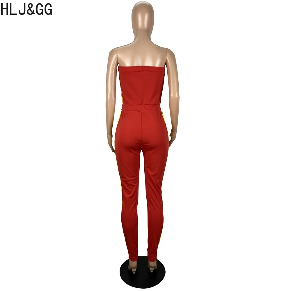 HLJ&GG Spring New Off Shoulder Bandage Sporty Tube Jumpsuits Women Sleevless Backless Playsuits Female Stripe Print Slim Overall