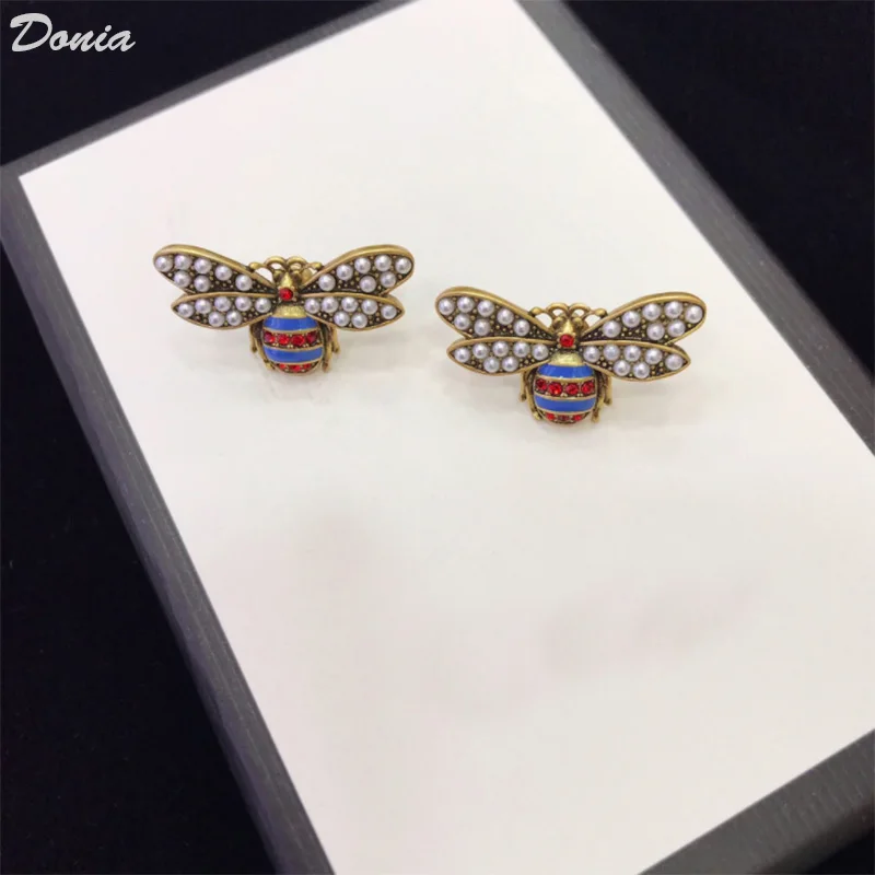 Donia Jewelry Fashion Enamel Titanium Steel Micro-Inlaid AAA Zircon Bee Earrings Luxury Pearl Accessories