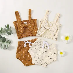 Newborn Summer Cute Baby Girls Clothing Shorts Set Spaghetti Strap Front Bowknot Floral Print Ribbed Vest Drawstring Short Pants