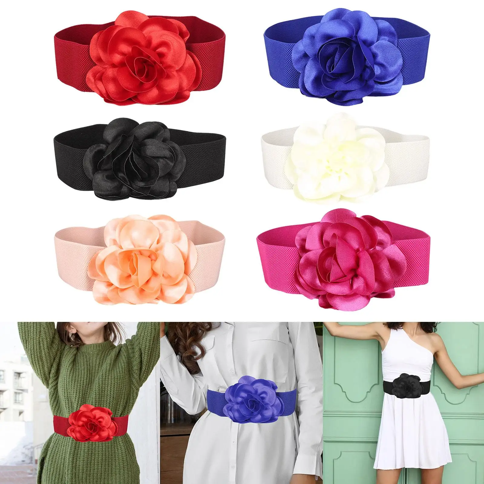 Wide Belt for Dress Elastic Waist Belt Fashion Big Ribbon Flower Cinch Belt for Sweater Dresses Clothes Maxi Shirts Accessories