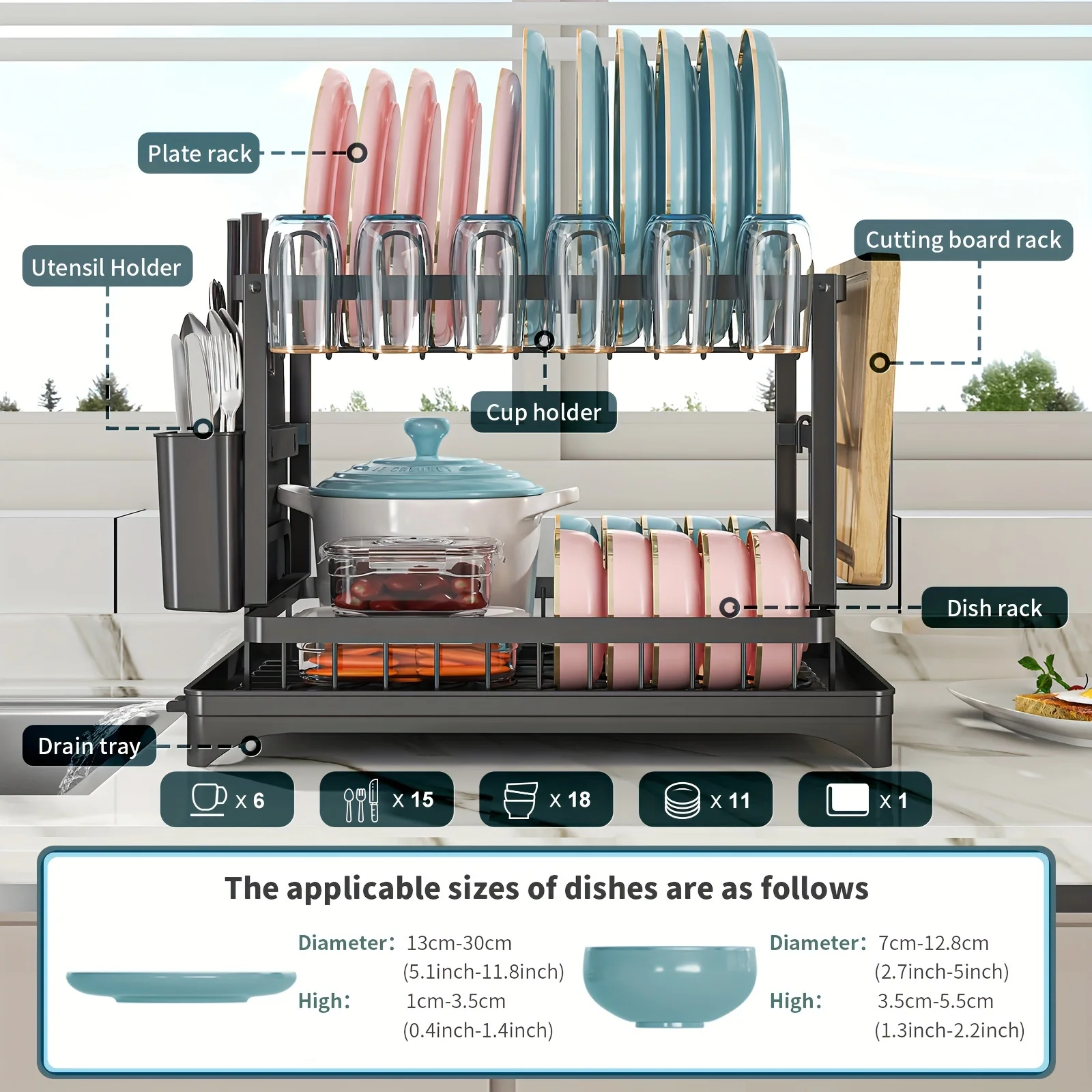 Dish Drying Rack, 2 Tier Large Dish Drying Rack for Kitchen Counter with Drainboard Stainless Steel Dish Drainer for Dish&Cup 2