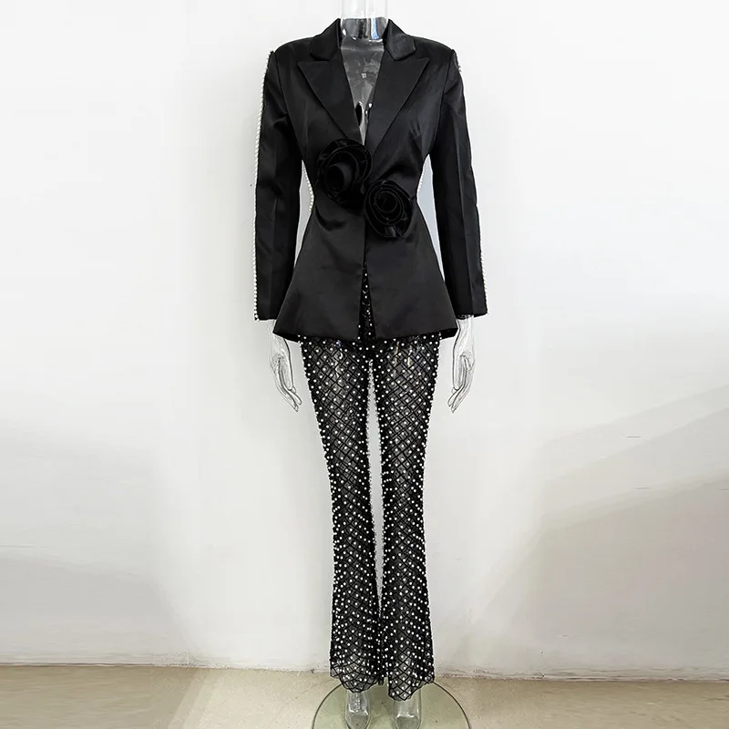 

Spring/Summer 2024 new hollowed-out beaded three-dimensional flower suit Pearl sequin mesh pantsuit