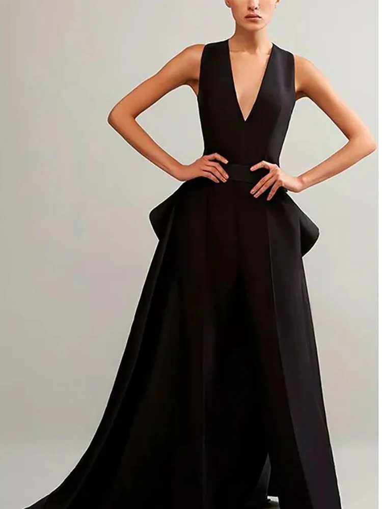 Plus Size Black Jumpsuit With Detachable Skirt V Neck Formal Wedding Guest Evening Prom Dresses Bride Special Summer 2023