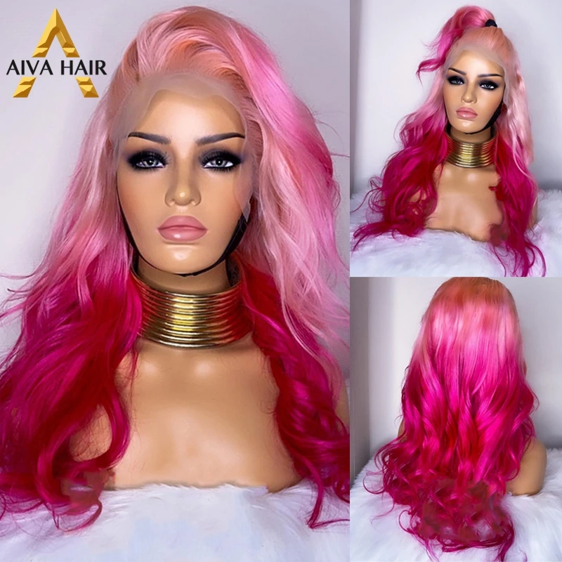 

Ombre Pink 30Inch Synthetic 13X4 Lace Front Wig Body Wave Transparent Pre Plucked Purple Color Cosplay Wigs Fpr Black Women 180%