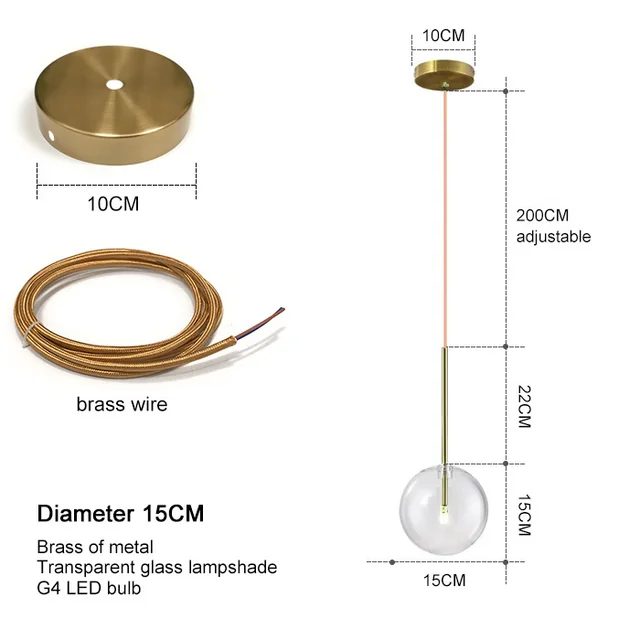 Nordic Modern Pendant Lamp Fixture Clear Glass Lampshade Bedroom Hanging Lights Dining Restaurant Decor Suspension Lustre brass wire 15CM