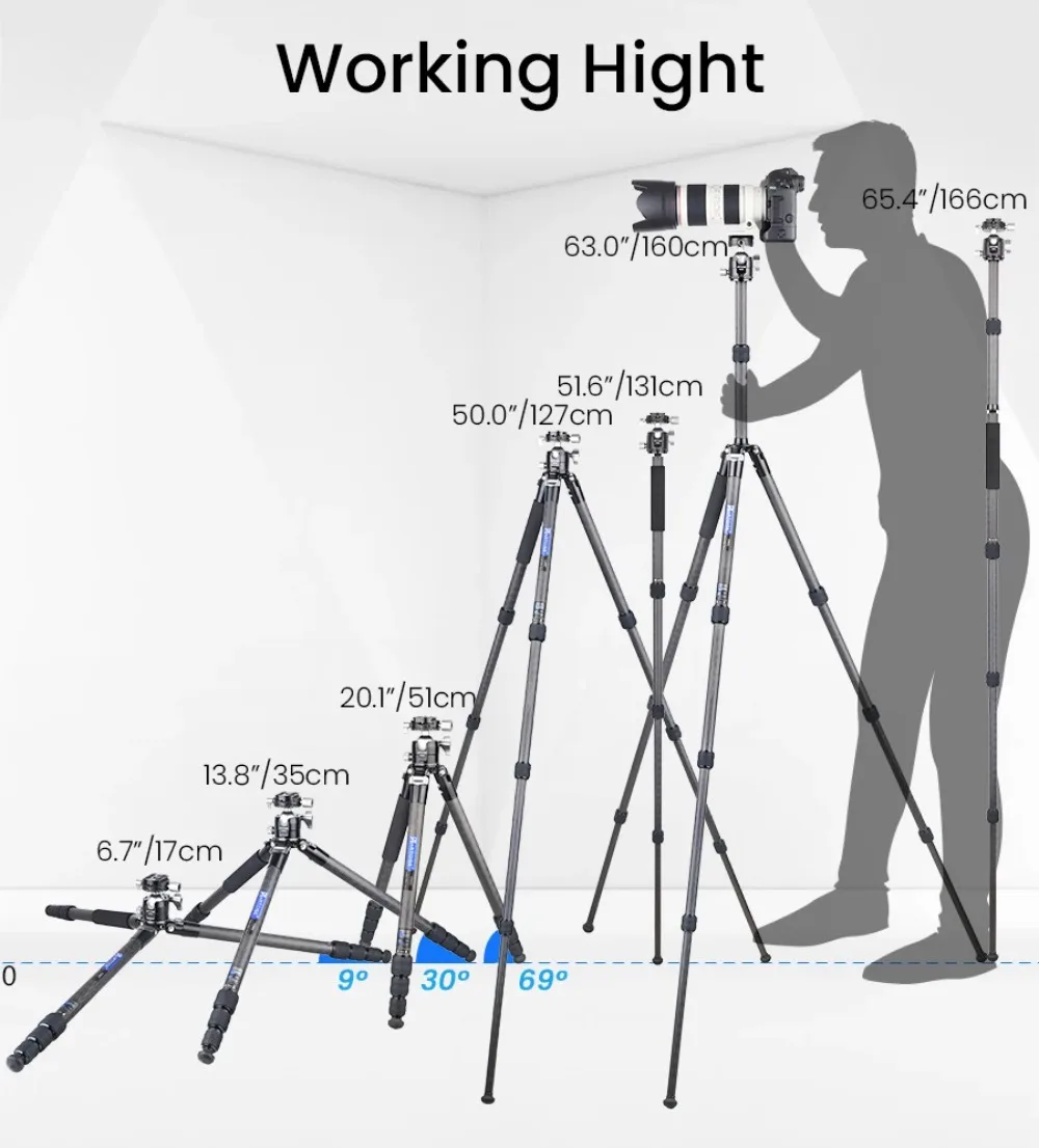 CX5 Carbon Fiber Lightweight Travel Tripod Professional DSLR Camera Tripod For F