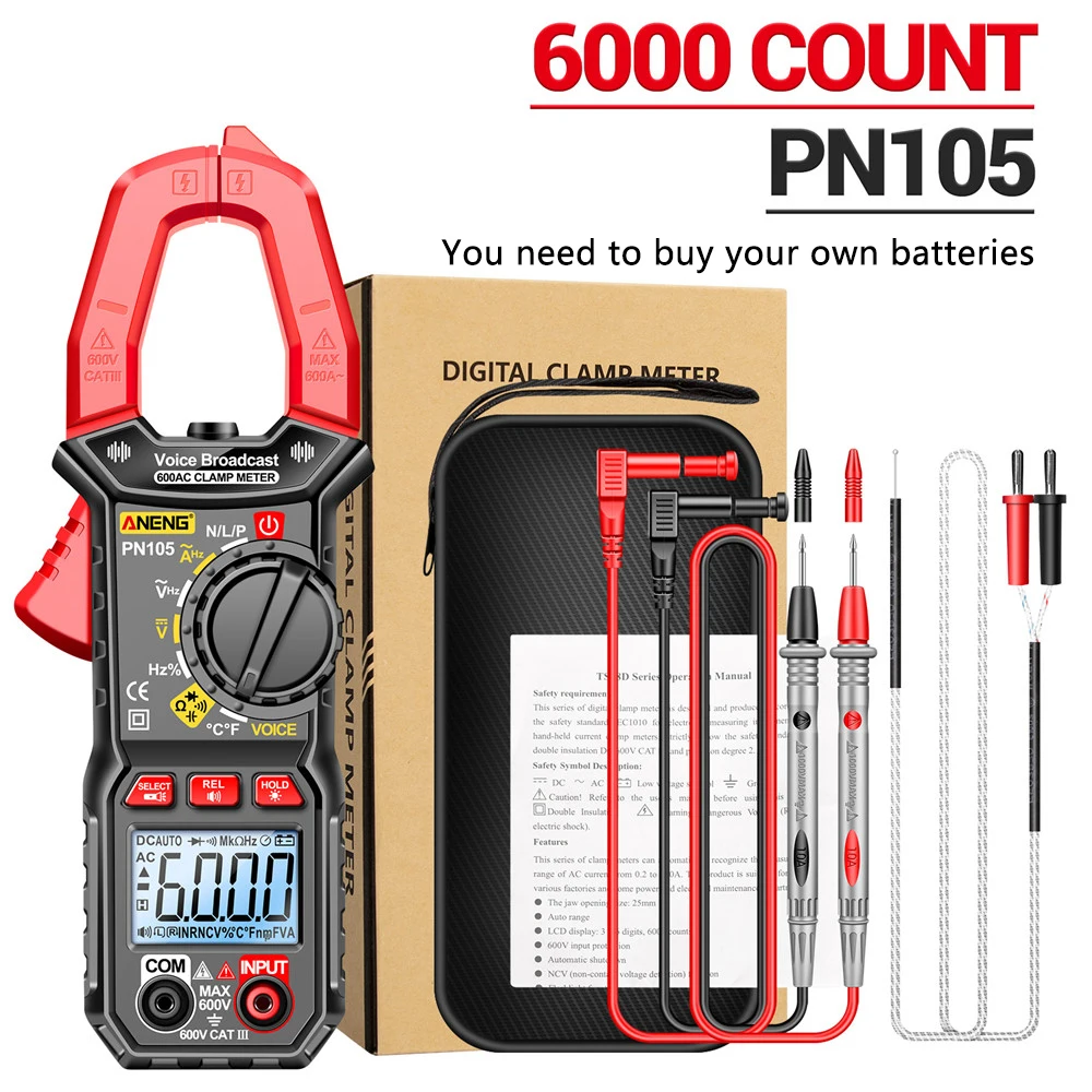

PN105 Clamp Meter AC/DC Current Amp Meter 6000 Counts Measures Current Volt Temp Capacitance Resistance Diodes